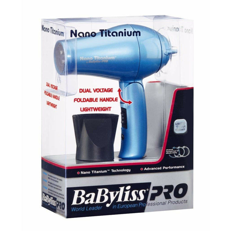 BaBylissPRO Nano Titanium Dual Voltage, Foldable Handle, Travel-Size Dryer